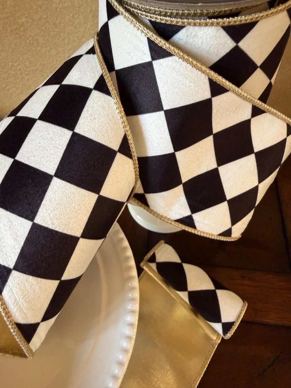 Harlequin Diamond Velvet Deluxe Gold Backed Wired Edge Ribbon